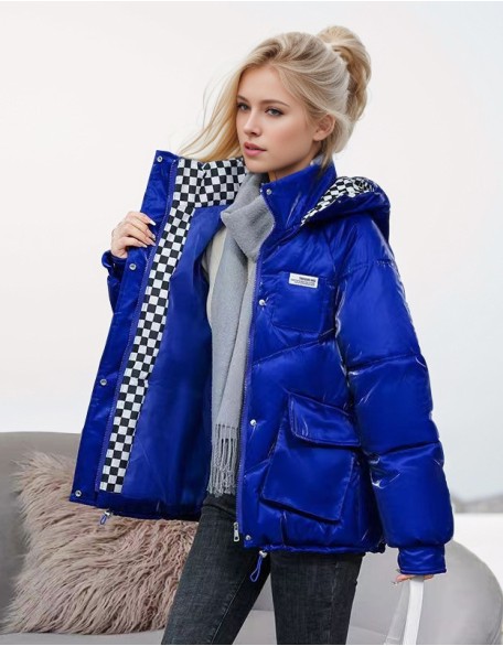 2024 Winter New Bright Unwashed Loose Warm Plaid Down Jacket