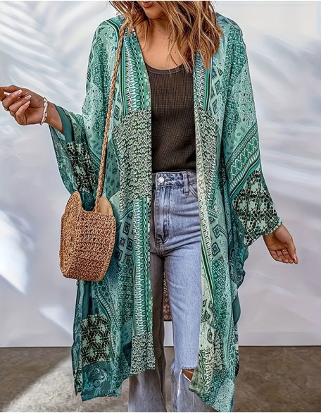 Bohemian Cardigan Long Sleeve Floral Color Block Print Casual Coat