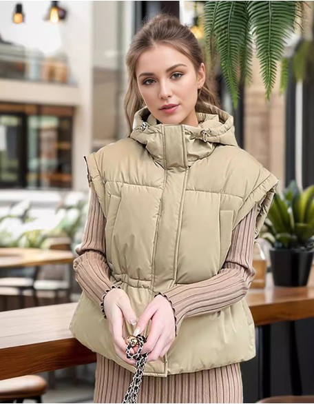 Fashion Slim Short Waist Vest Solid Color Simple Hooded Jacket