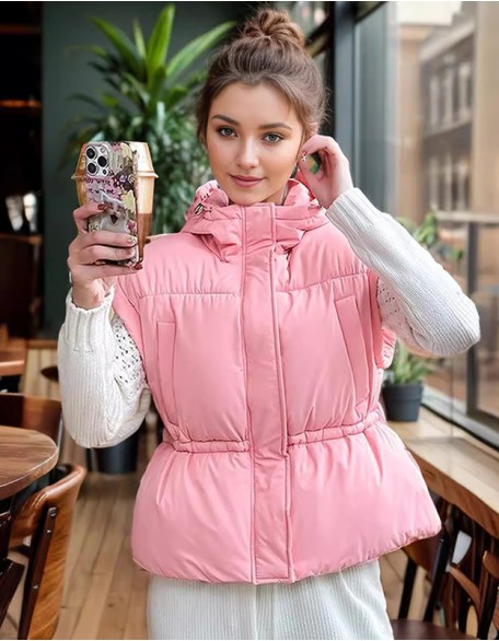 Fashion Slim Short Waist Vest Solid Color Simple Hooded Jacket