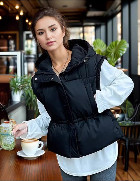 Fashion Slim Short Waist Vest Solid Color Simple Hooded Jacket