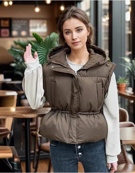 Fashion Slim Short Waist Vest Solid Color Simple Hooded Jacket