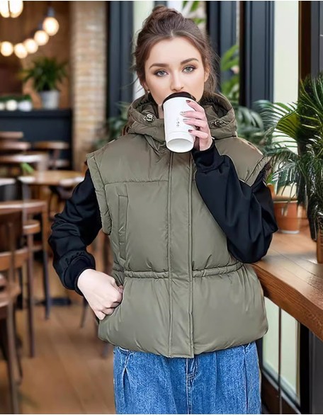 Fashion Slim Short Waist Vest Solid Color Simple Hooded Jacket