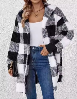 Hoodie Coat Fleece Print Fleece Lined Open Front Hoodie Casual Plaid Regular Fit Long Sleeve Outerwear