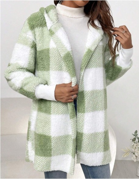 Hoodie Coat Fleece Print Fleece Lined Open Front Hoodie Casual Plaid Regular Fit Long Sleeve Outerwear