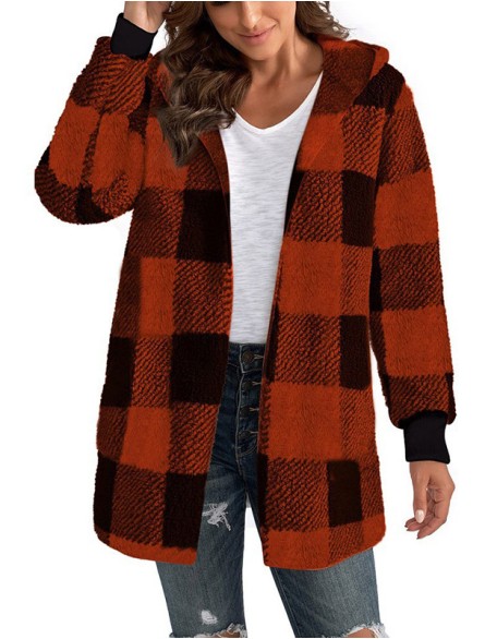 Hoodie Coat Fleece Print Fleece Lined Open Front Hoodie Casual Plaid Regular Fit Long Sleeve Outerwear