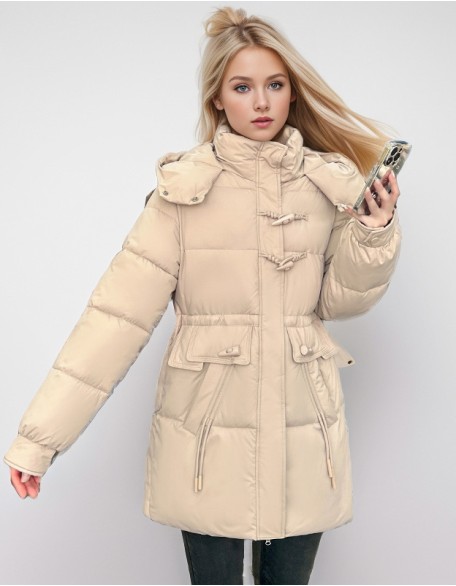 Horn Buckle Mid Length Jacket Little Hooded Padded Waist Slimming Cotton Coat