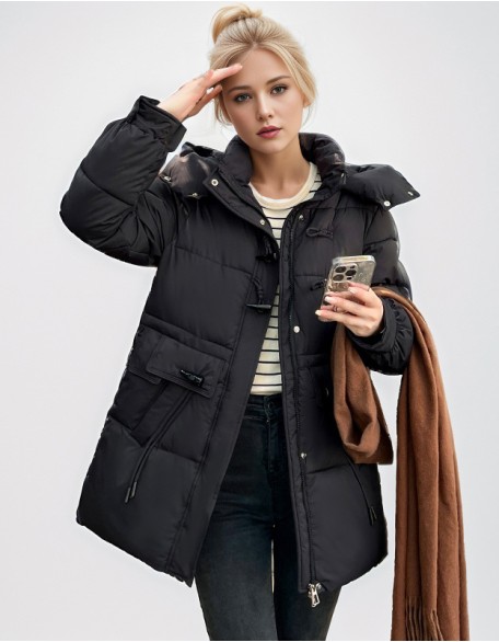 Horn Buckle Mid Length Jacket Little Hooded Padded Waist Slimming Cotton Coat