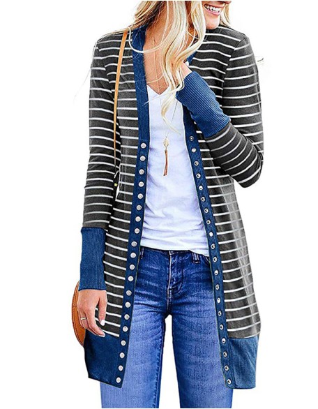 Ladies Plus Size Fashion Long Button Striped Cardigan Casual Coat