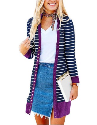 Ladies Plus Size Fashion Long Button Striped Cardigan Casual Coat