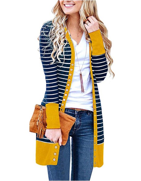 Ladies Plus Size Fashion Long Button Striped Cardigan Casual Coat