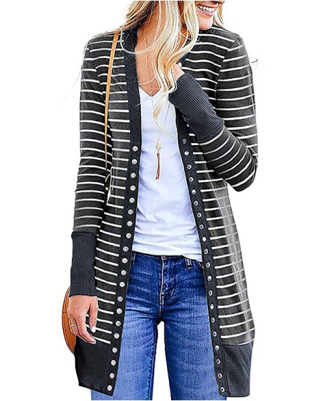 Ladies Plus Size Fashion Long Button Striped Cardigan Casual Coat