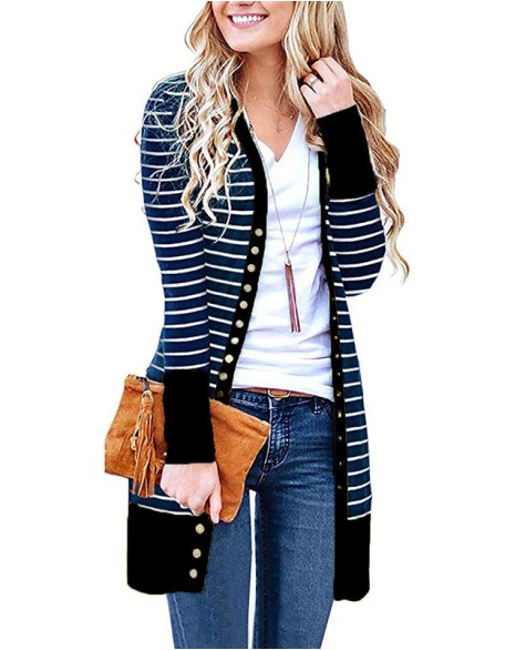 Ladies Plus Size Fashion Long Button Striped Cardigan Casual Coat