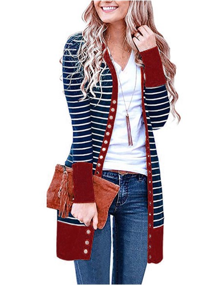 Ladies Plus Size Fashion Long Button Striped Cardigan Casual Coat