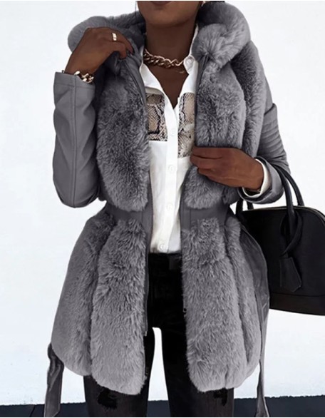 Ladies Stitching Thick Warm Zipper Fur Coat Hooded With Belt Fur Collar Leather Jacket