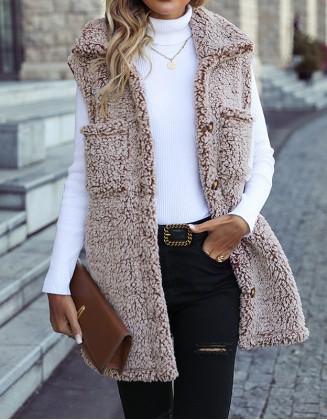 Lapel Sleeveless Long Loose Casual Faded Bubble Velvet Cardigan Vest