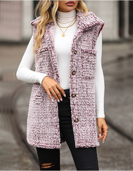 Lapel Sleeveless Long Loose Casual Faded Bubble Velvet Cardigan Vest