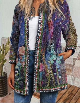 Large Size Collarless Long Sleeve Printed Casual Coat