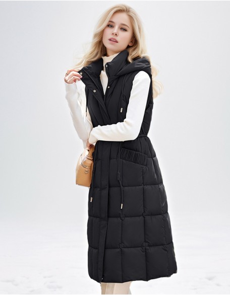 Long Hooded Down Cotton Fashion Waist Vest