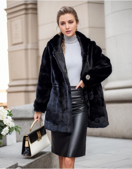 Long Hooded Ladies Mink Fur Coat Rhinestone Waist Fashion Coat