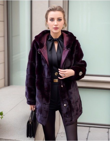 Long Hooded Ladies Mink Fur Coat Rhinestone Waist Fashion Coat