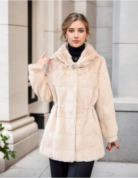 Long Hooded Ladies Mink Fur Coat Rhinestone Waist Fashion Coat