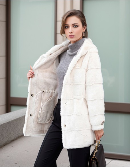 Long Hooded Ladies Mink Fur Coat Rhinestone Waist Fashion Coat