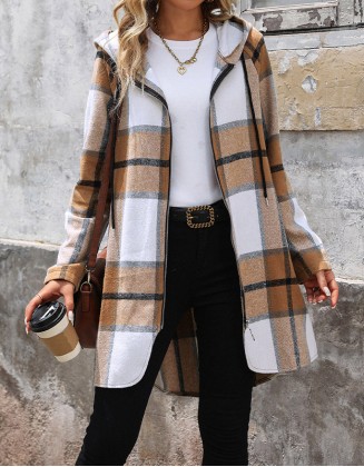 Long Loose Retro Classic Casual Plaid Hooded Coat