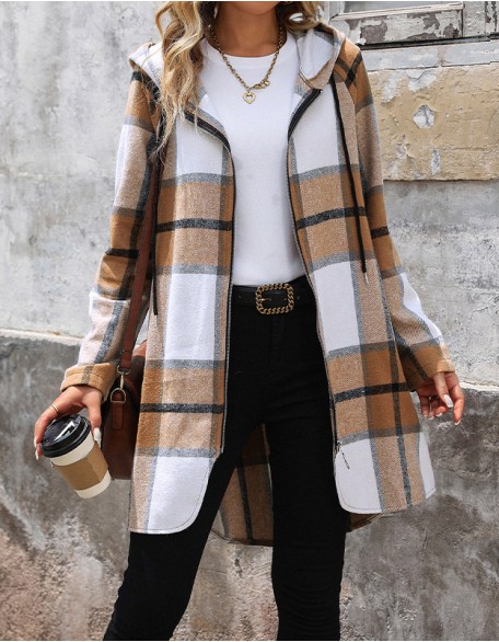 Long Loose Retro Classic Casual Plaid Hooded Coat