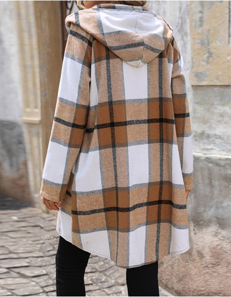 Long Loose Retro Classic Casual Plaid Hooded Coat