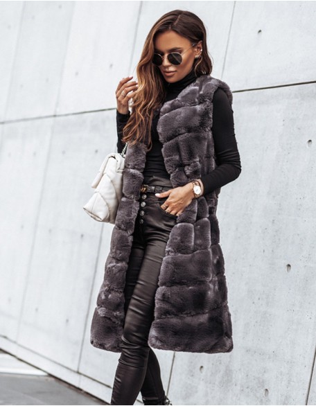 Long Round Neck Fur Vest Coat