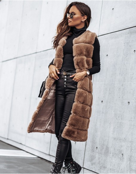 Long Round Neck Fur Vest Coat