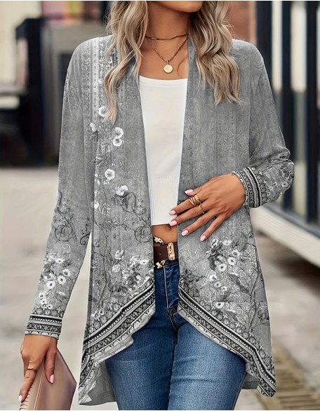 Long Sleeve Floral Print Cardigan Buttonless Casual Coat Thermal Warm Breathable Stylish Casual Jacket