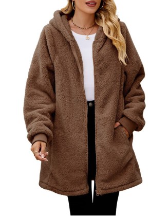 Loose Fleece Long Sleeved Hooded Coat Flannel Cardigan Zipper Casual Outerwear Coat