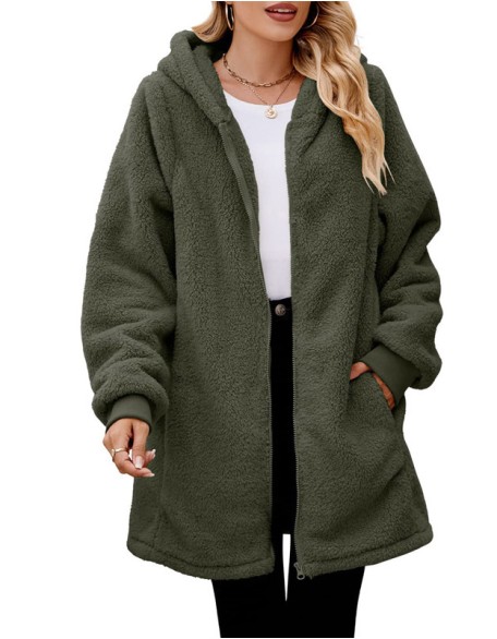 Loose Fleece Long Sleeved Hooded Coat Flannel Cardigan Zipper Casual Outerwear Coat