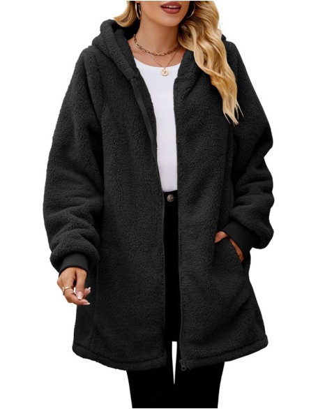 Loose Fleece Long Sleeved Hooded Coat Flannel Cardigan Zipper Casual Outerwear Coat