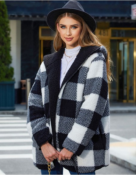 Loose Warm Check Cardigan Double Hooded Plush Coat