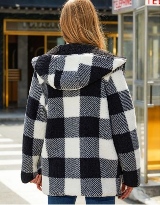 Loose Warm Check Cardigan Double Hooded Plush Coat