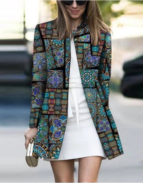 Mid Length Printed Cardigan Casual Coat Outdoor Clothing Pocket Floral