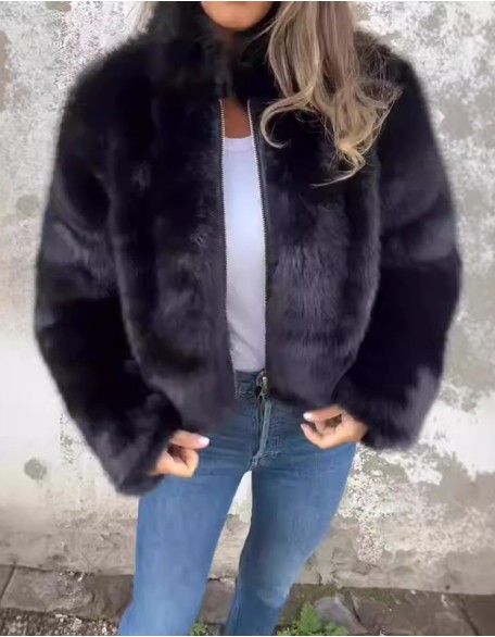 New Casual Fur Long Sleeve High Collar Zipper Coat