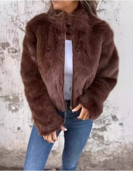 New Casual Fur Long Sleeve High Collar Zipper Coat