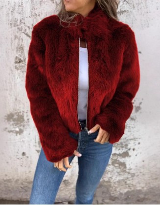 New Casual Fur Long Sleeve High Collar Zipper Coat