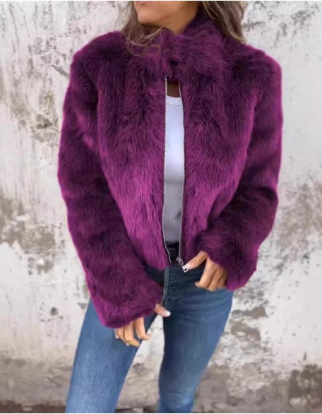 New Casual Fur Long Sleeve High Collar Zipper Coat