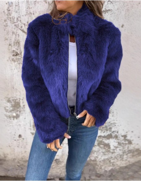 New Casual Fur Long Sleeve High Collar Zipper Coat