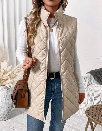 New Solid Color Diamond Lattice Cotton Padded Jacket Zipper Pocket Vest