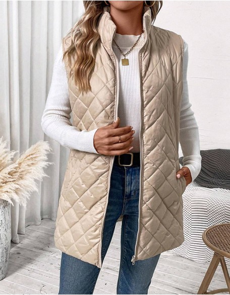 New Solid Color Diamond Lattice Cotton Padded Jacket Zipper Pocket Vest