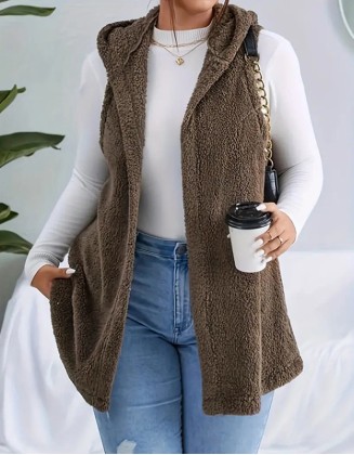 New Solid Color Hooded Vest Long Plush Coat Vest