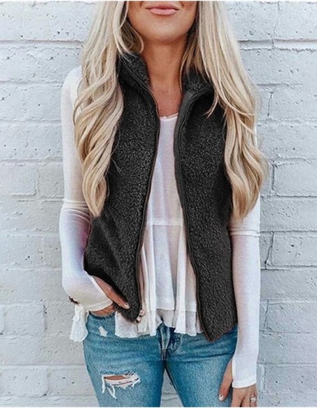 Pocket Zipper Blouse Plush Vest Jacket