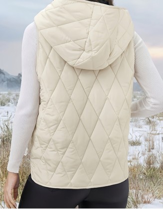 Solid Color Beige Polyester Casual Hooded Vest