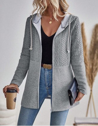 Solid Color Corrugated Pocket Splicing Casual Sweater Loose Drawstring Hooded Coat